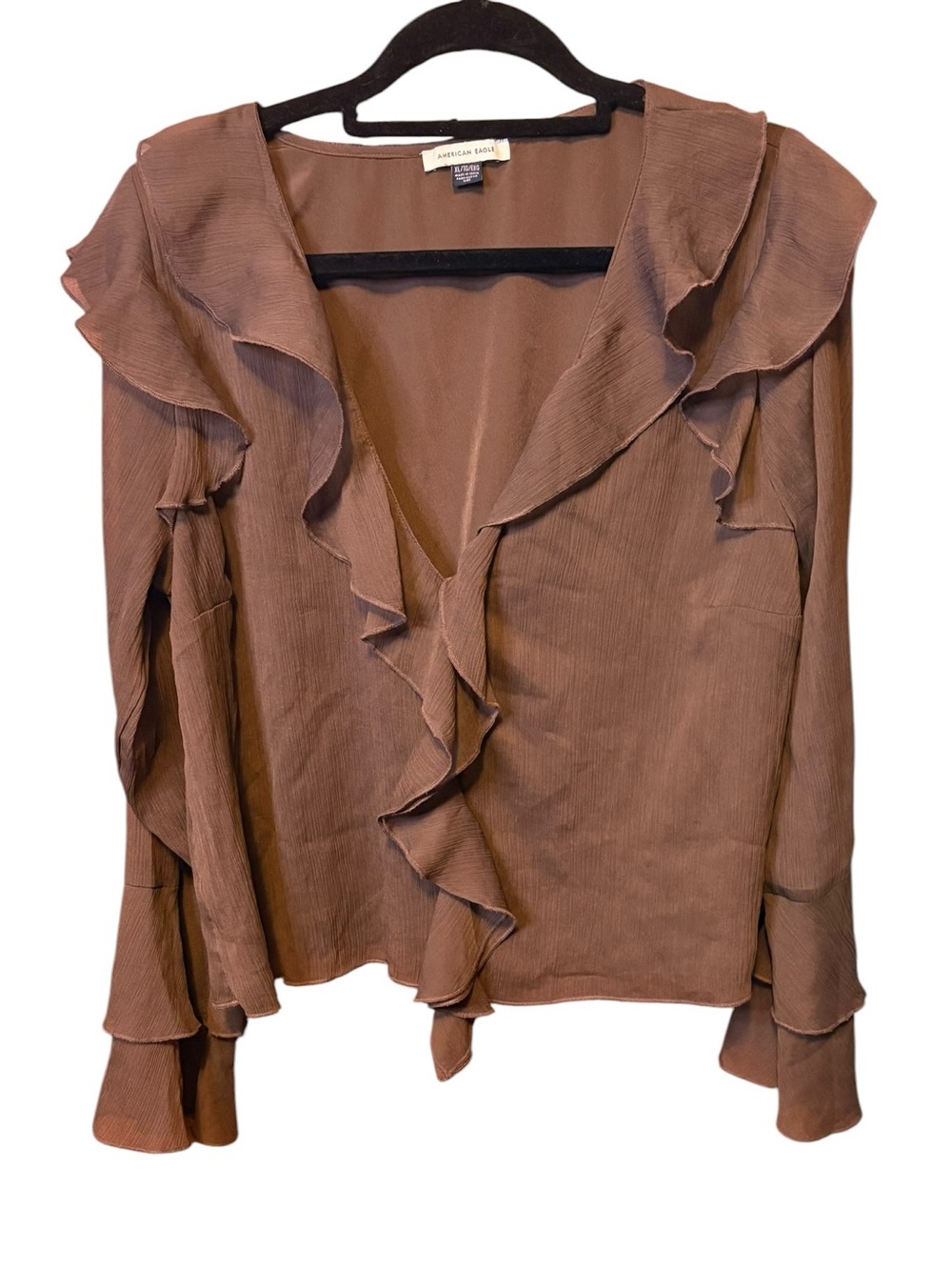 American Eagle Brown Ruffle V-Neck Blouse Long Sleeve XL Flowy Boho